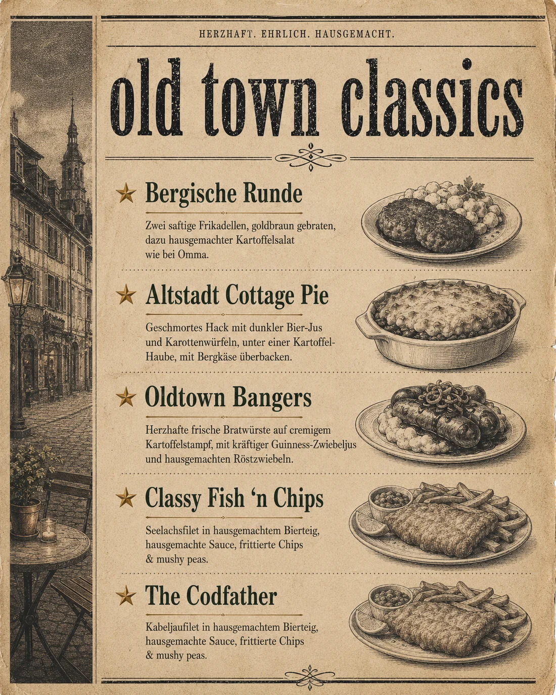 Old Town Classics im Stil einer alten Zeitung mit Speisen der Old Town Eatery